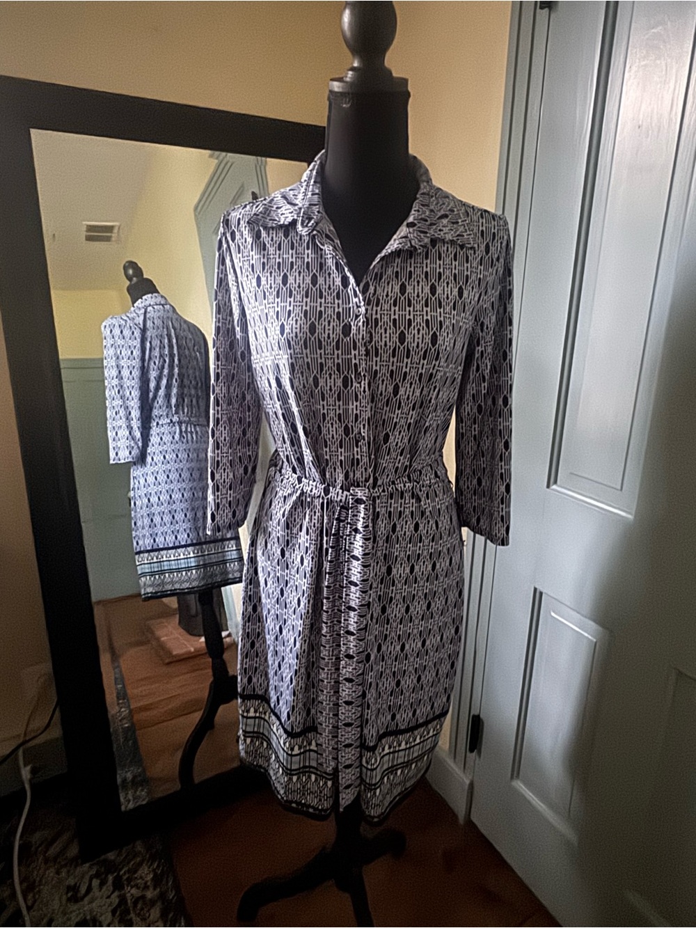 Max Studio Navy and White Printed Midi Shirt Dress